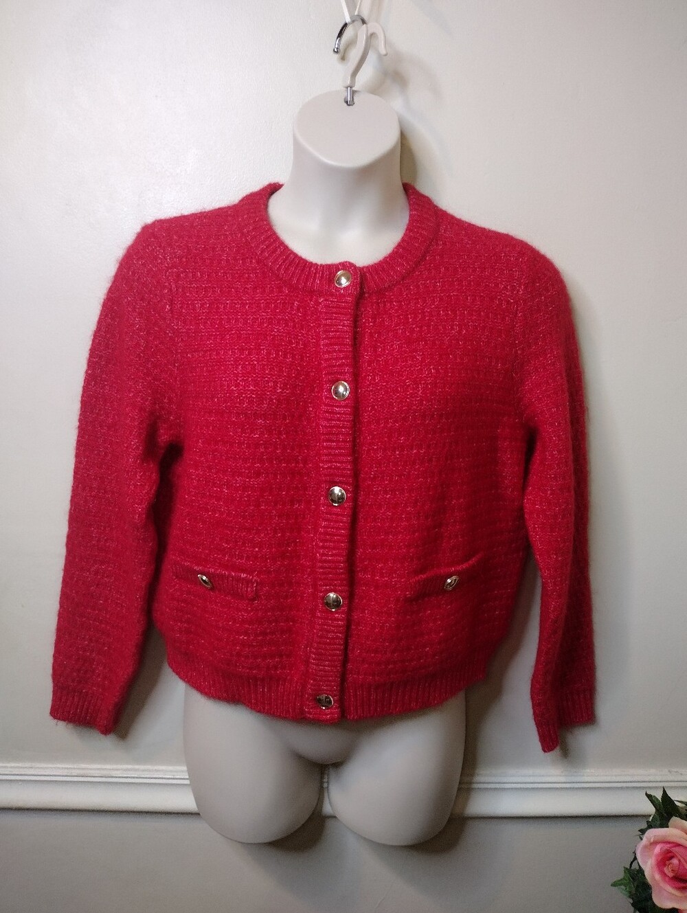 Loft Chanel-Style Red & White Marled Gold Buttoned Front Cardigan Sweater Jacket